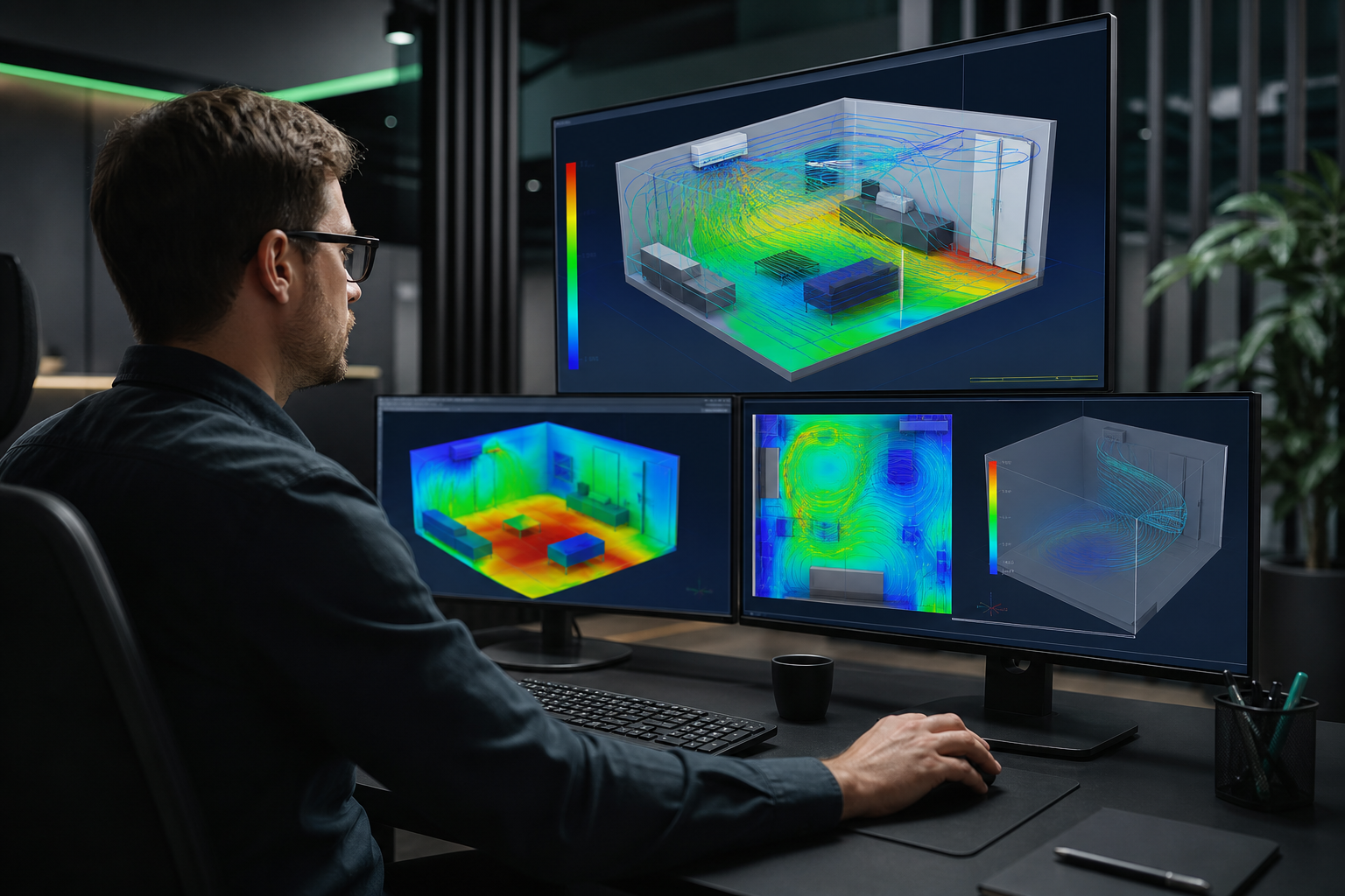 Ingénieur calculant la puissance optimale grâce à la simulation
